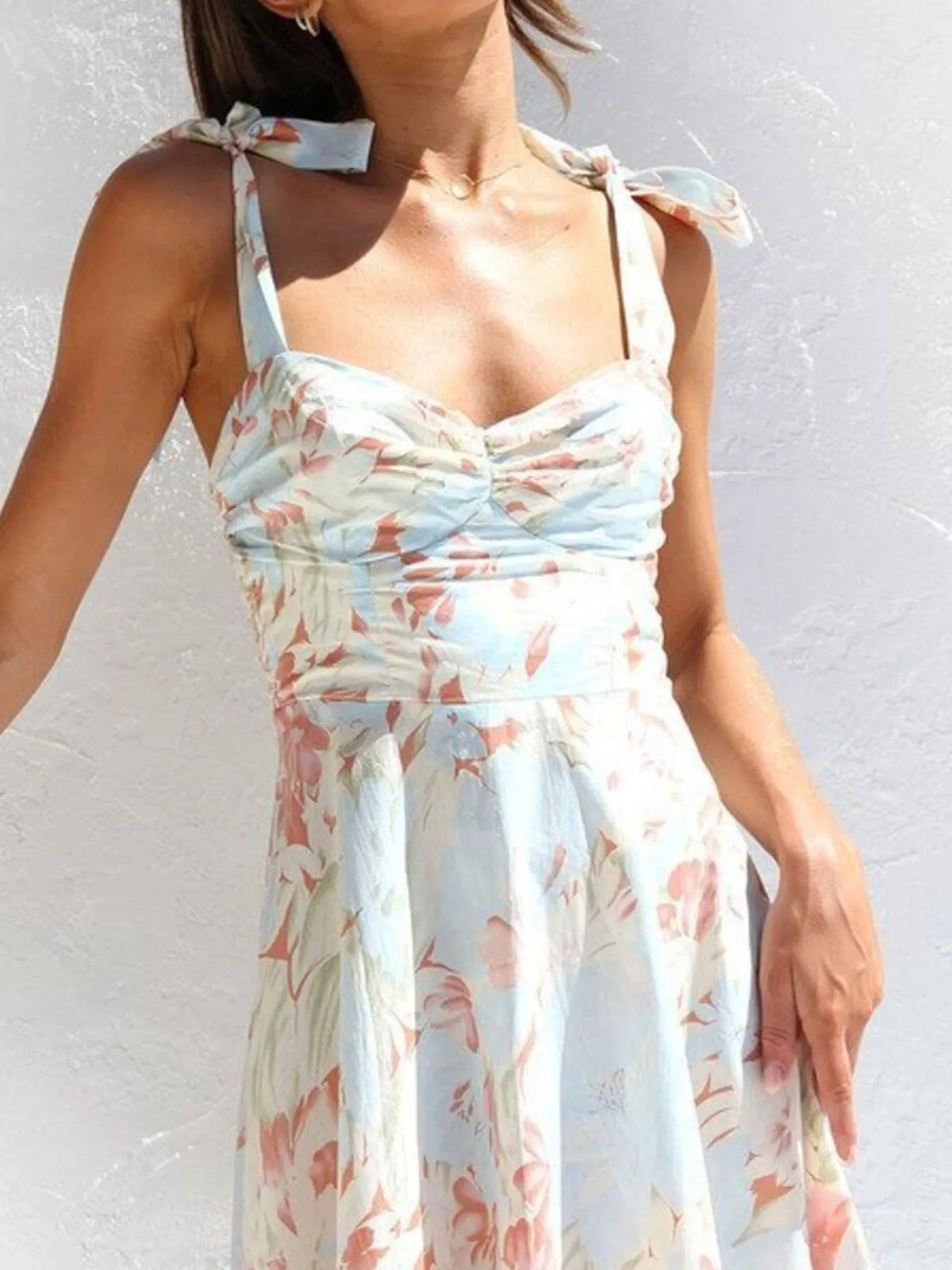 Floral Print Tie Shoulder Sweetheart A-Line Midi Dress 9