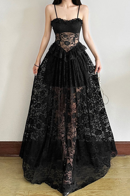 Sleeveless Ruffled Waist Maxi Lace Dress 5