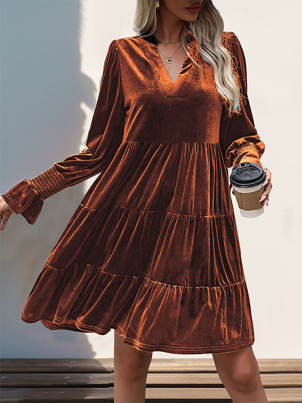 Velvet V-Neck Long Sleeve Tiered Mini Dress 4