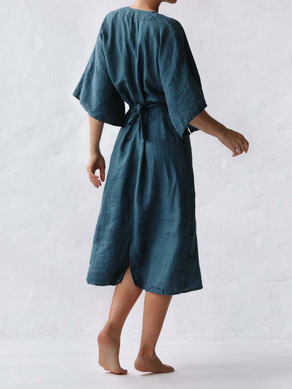 Deep V-Neck Kimono Sleeve Belted Waist A-Line Midi Dress
