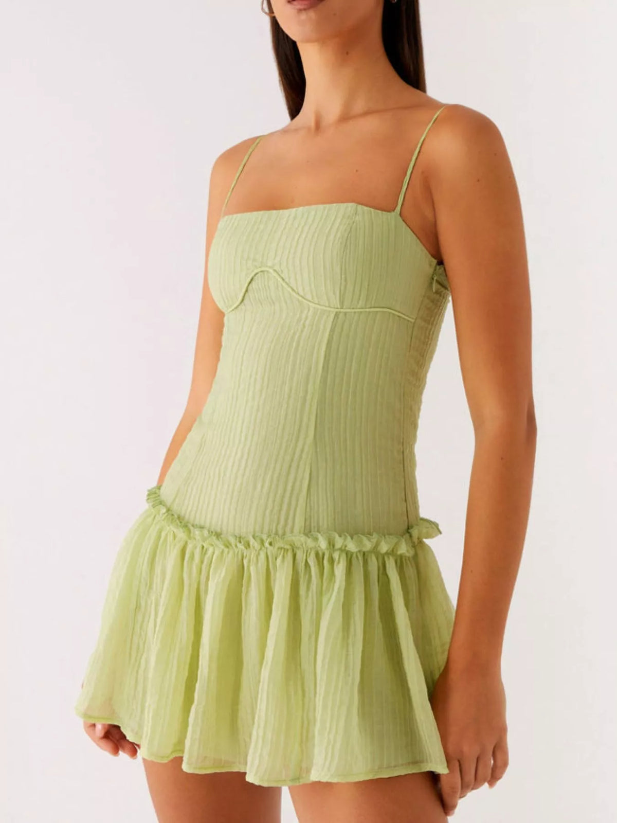 Textured Square Neck Cami Drop Waist Ruffle Hem Mini Dress
