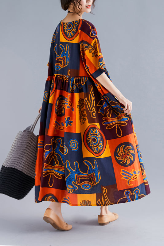 Folk Art Print Empire Waist Short Sleeve A-Line Midi Dress