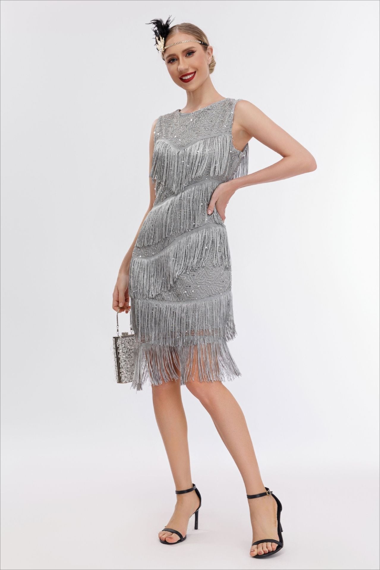 Sequin Beaded Tiered Fringe Sleeveless Shift Mini Cocktail Dress