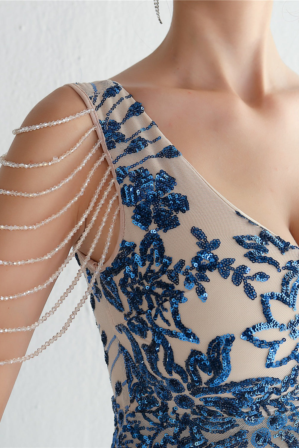Sequin V-Neck Beaded Fringe Sleeve Mermaid Evening Gown