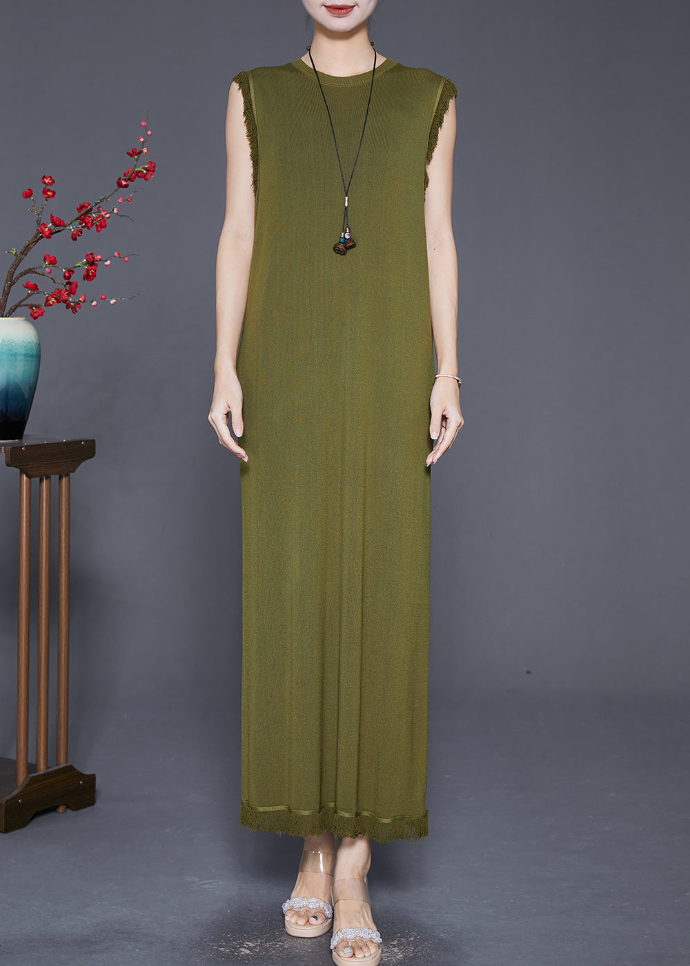 Knit Sleeveless Fringe Trim Crew Neck Column Maxi Dress