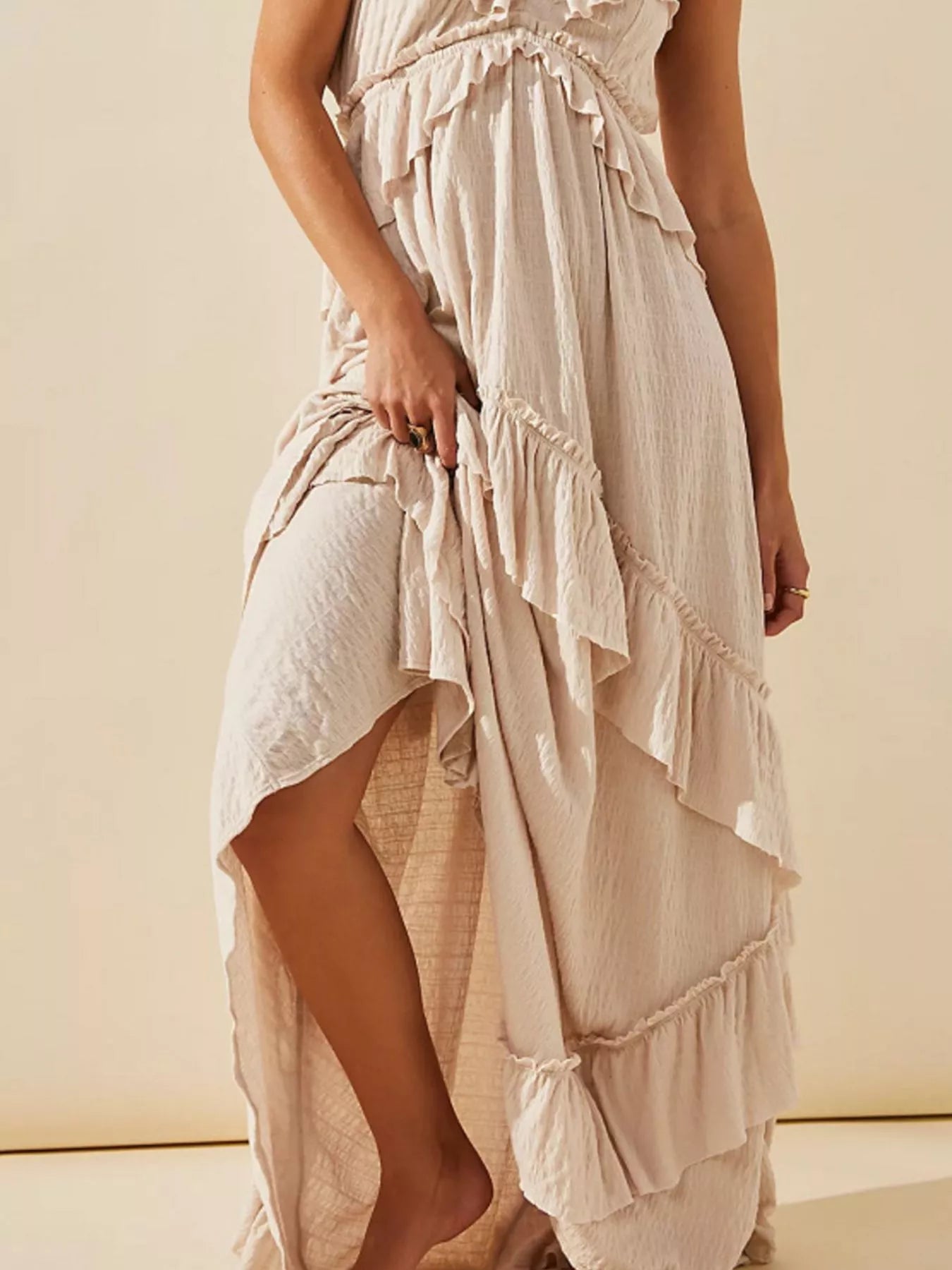 Halter Neck Deep V-Neck Ruffle Tiered Backless Maxi Dress 15