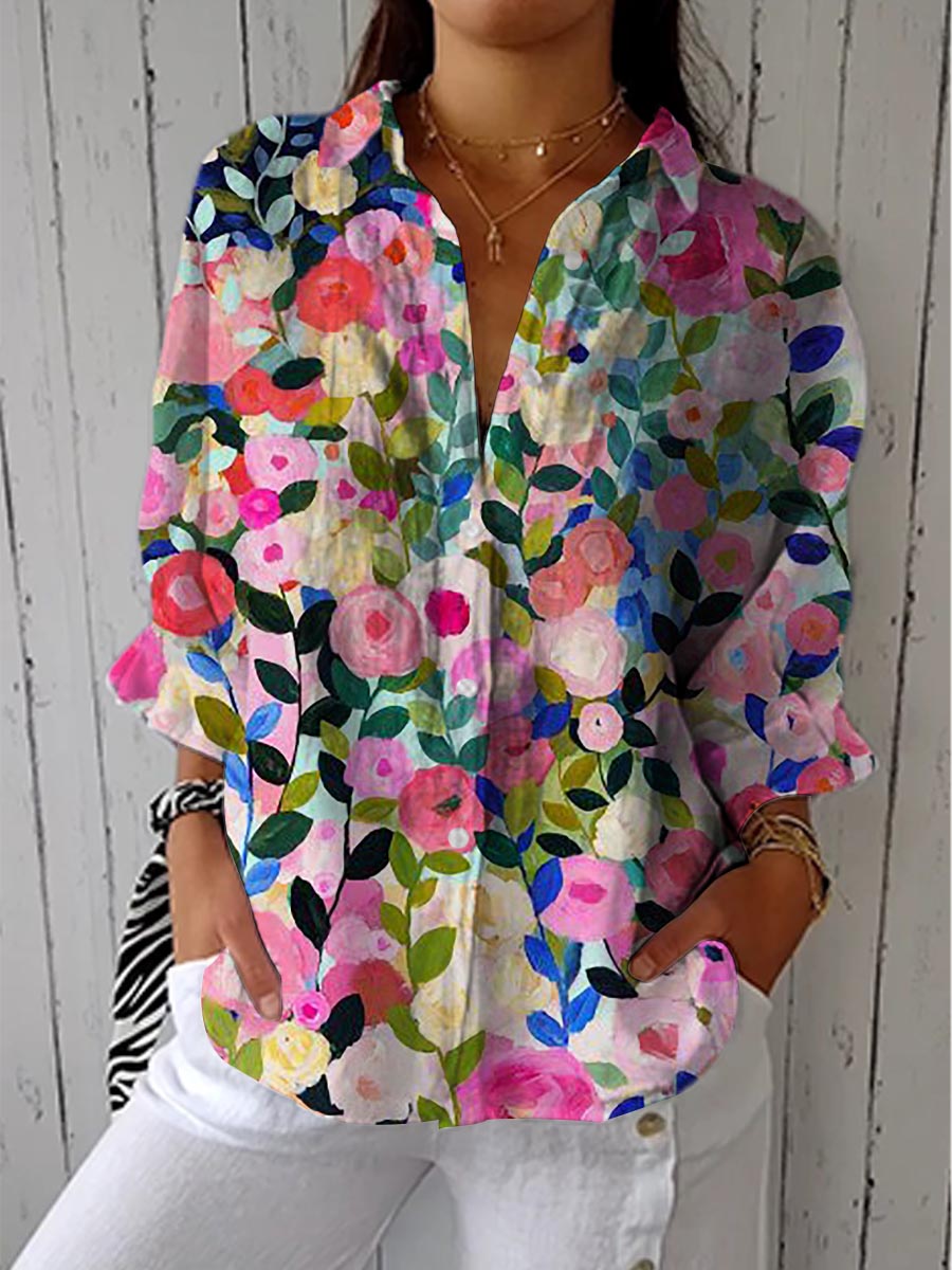 Floral Print Collared Button Front Shirt Jacket