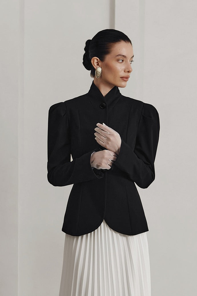 Stand Collar Puff Shoulder Long Sleeve Fitted Curved Hem Blazer