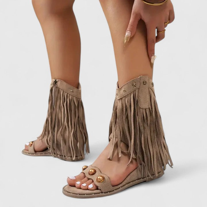 Fringe Open Toe Side Zip Wedge Sandals