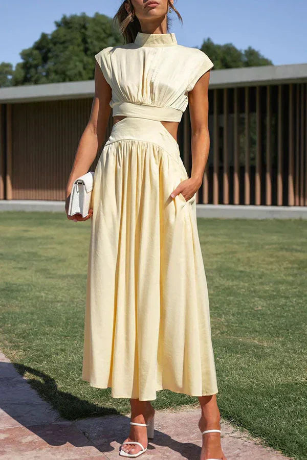 Sleeveless Mock Neck Side Cut Out Pleated Maxi Dress
