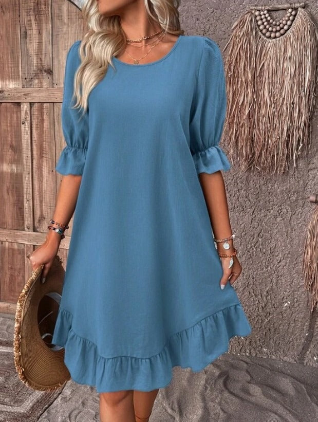 Round Neck Puff Sleeve Ruffle Hem Mini Dress 9