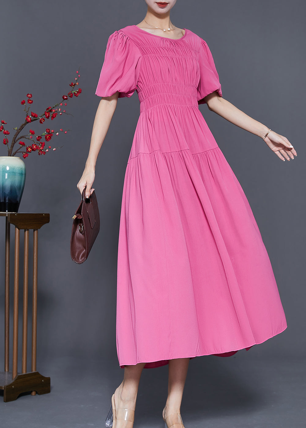 Puff Sleeve Smocked Bodice Empire Waist Tiered A-Line Maxi Dress