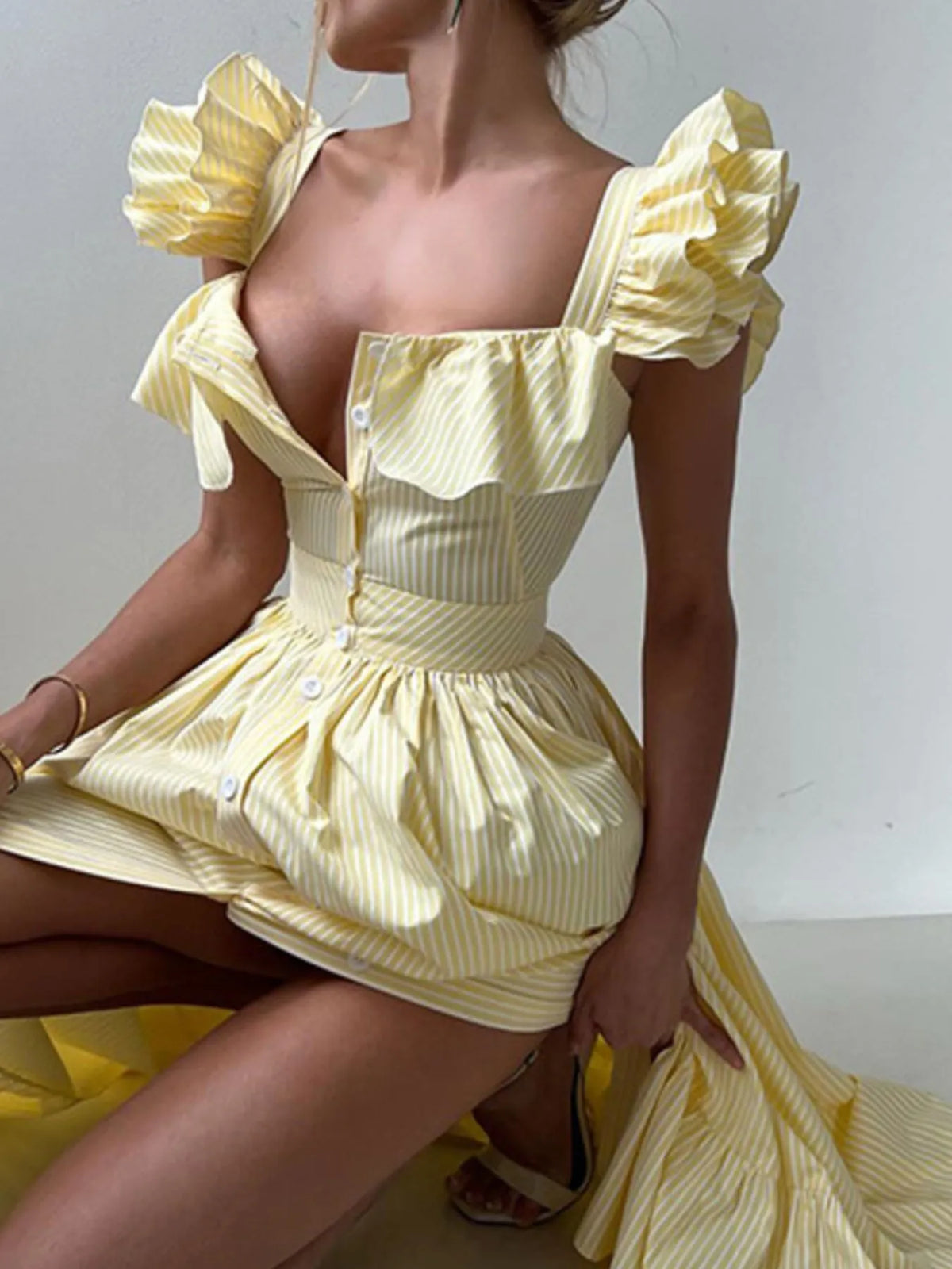Ruffled Striped Square Neck Dress
