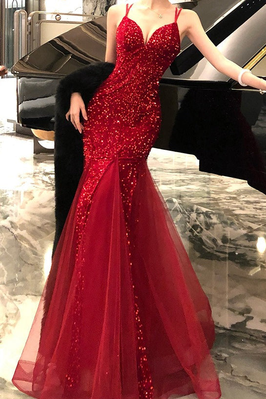 Sequin Sweetheart Spaghetti Strap Tulle Mermaid Maxi Gown