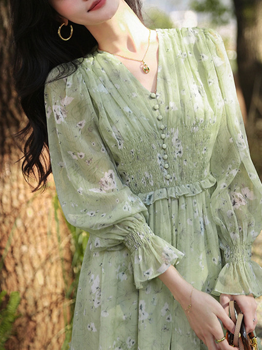 Floral Print V-Neck Button Front Smocked Waist Balloon Sleeve Ruffle Hem Mini Dress