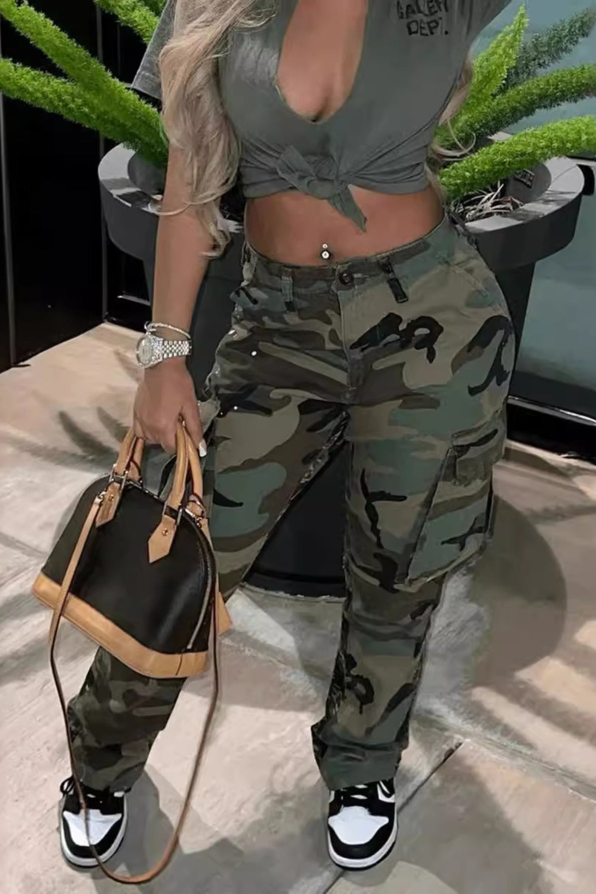 Camo Print High Waist Straight Leg Cargo Pants