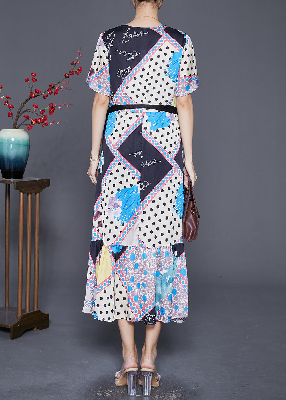 Patchwork Print V-Neck Short Sleeve Tie Ribbon Waist Tiered Ruffle Midi Dress