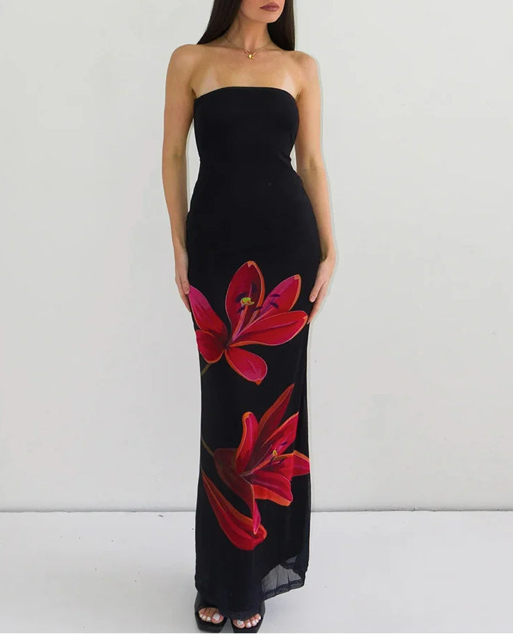 Floral Print Strapless Tube Bodycon Maxi Dress