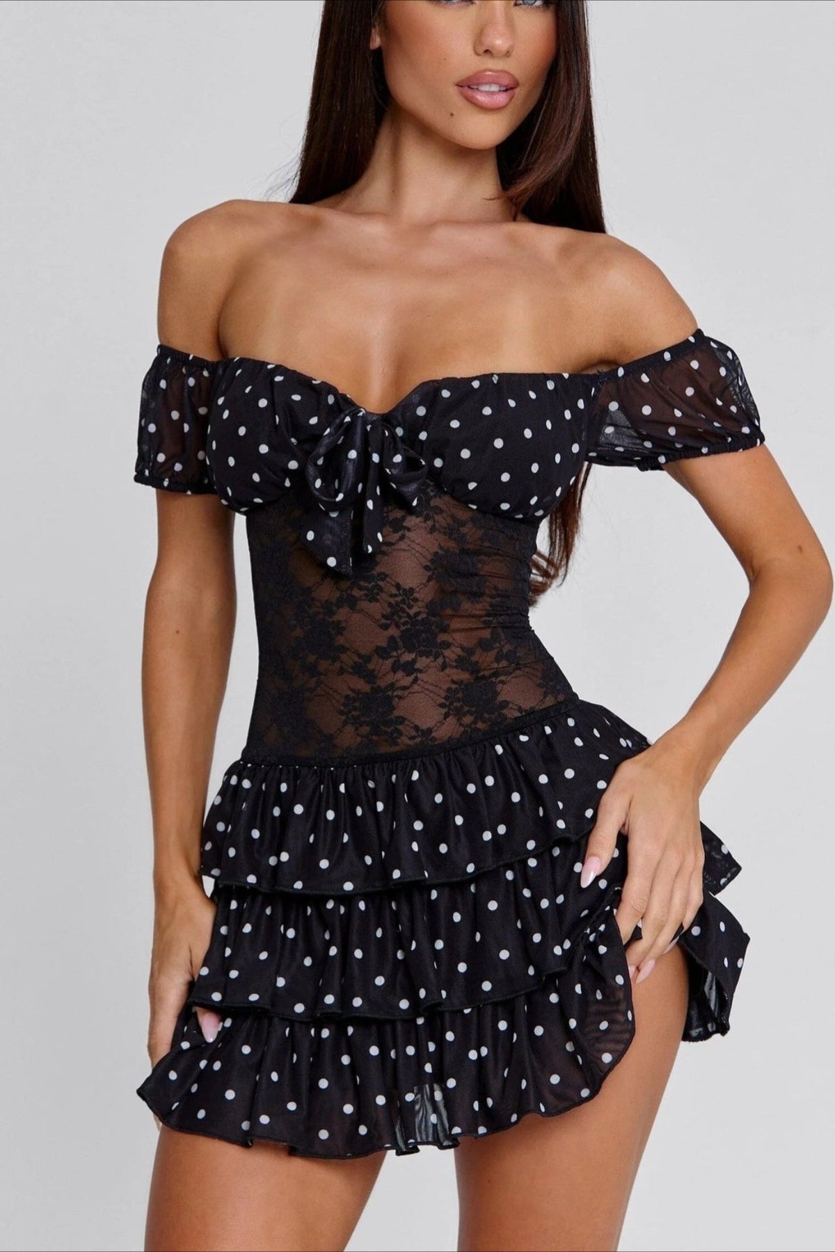 Polka Dot Off Shoulder Lace Bodice Tiered Ruffle Mini Dress