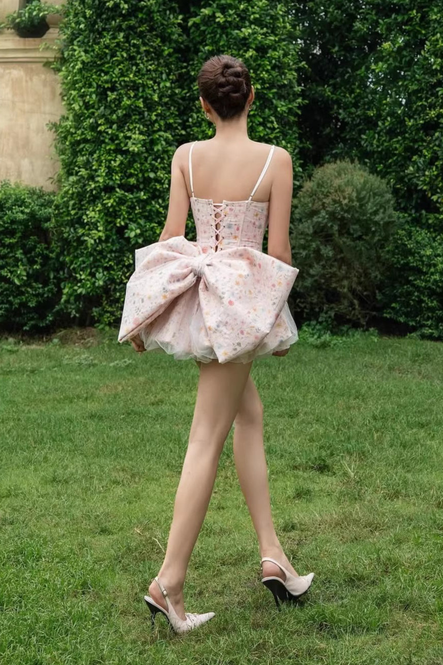 Floral Corset Spaghetti Strap Tulle Bubble Hem Mini Dress