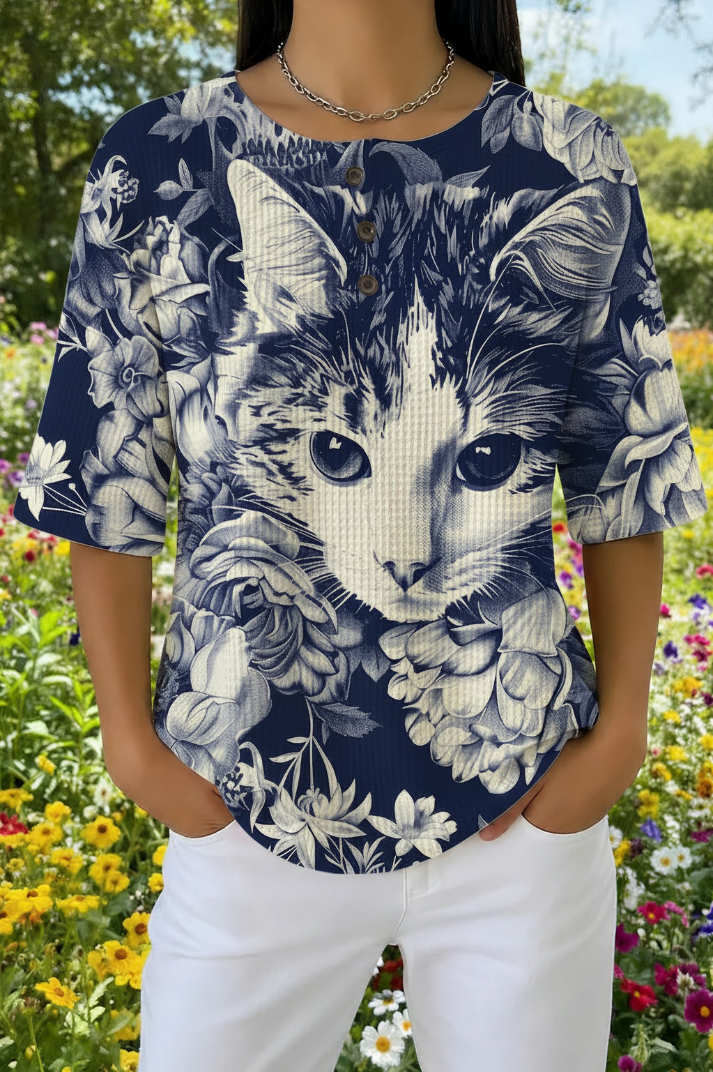 Womens Blue Floral White Cat Portrait Print Casual Shirt