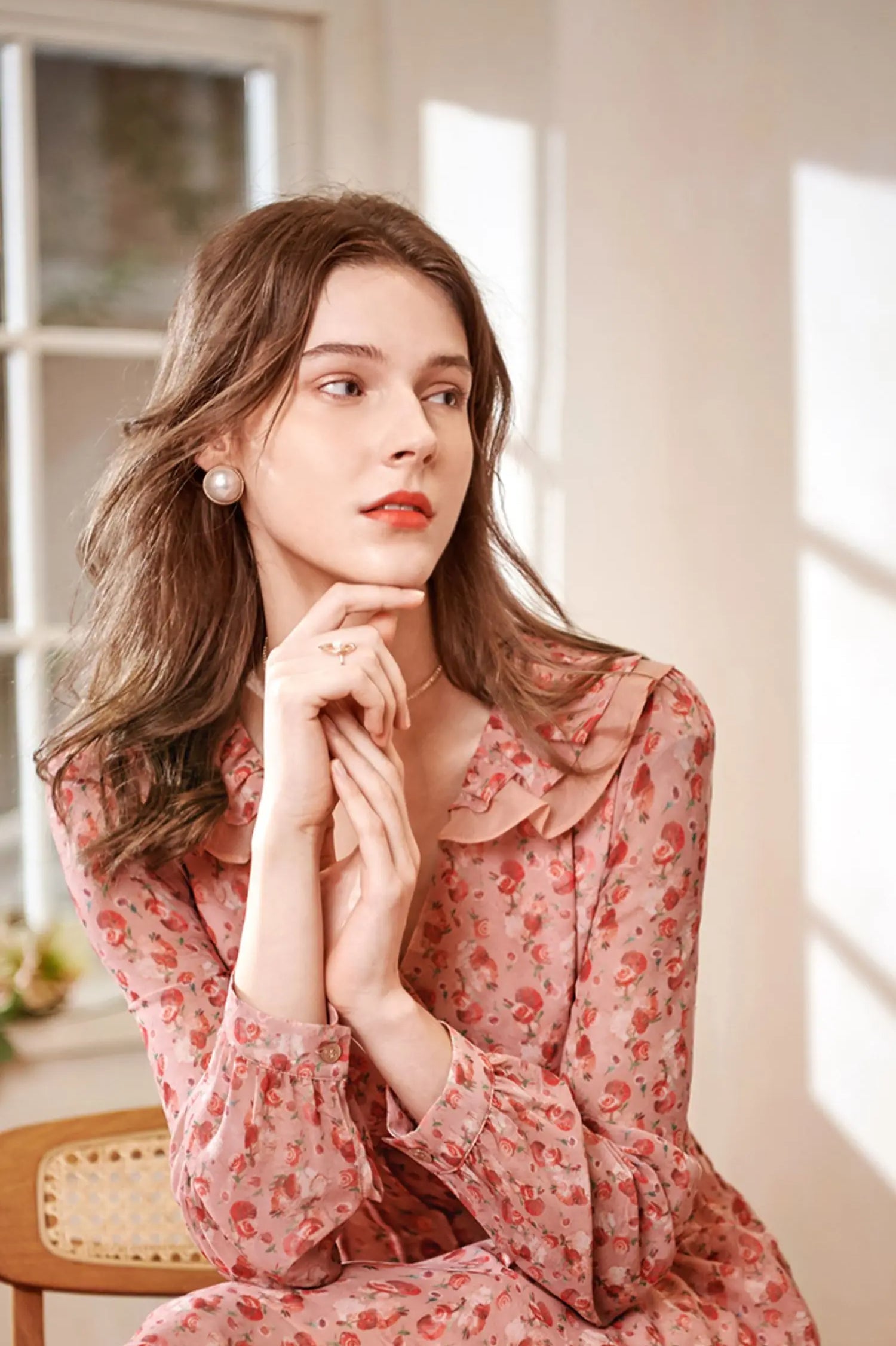 Floral Print Deep V-Neck Ruffle Trim Long Sleeve Fit and Flare Midi Dress