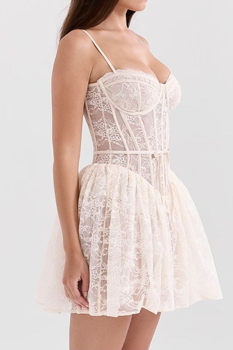 Lace Spaghetti Strap Corset Lace Up Fit and Flare Mini Dress