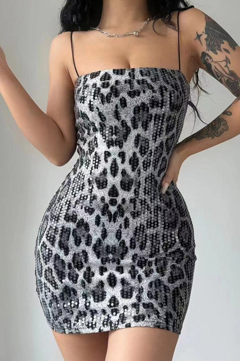 Sequin Square Neck Spaghetti Strap Bodycon Mini Cocktail Dress