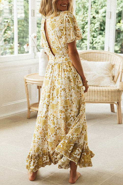 Floral Print Deep V-Neck Pom Pom Trim Flutter Sleeve Ruffle Hem Maxi Dress