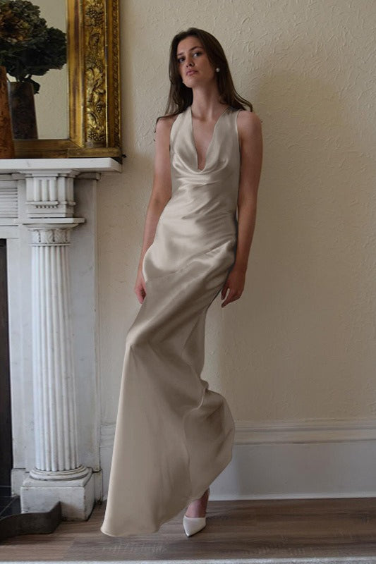 Satin Off Shoulder Cowl Draped Slim Fit Maxi Dress