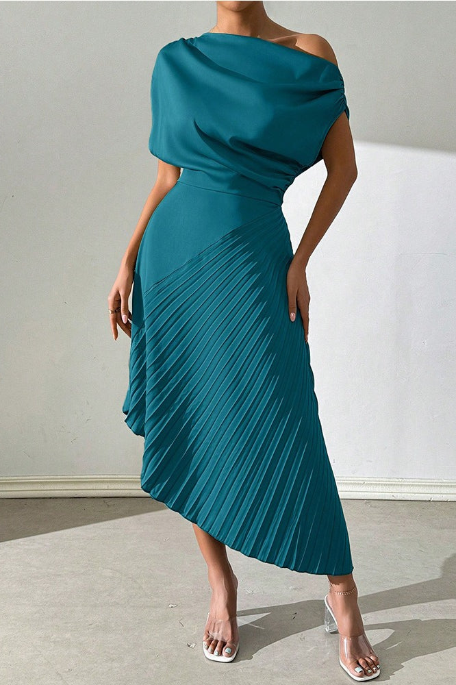 Satin One Shoulder Ruched Pleated Asymmetric Midi Dress
