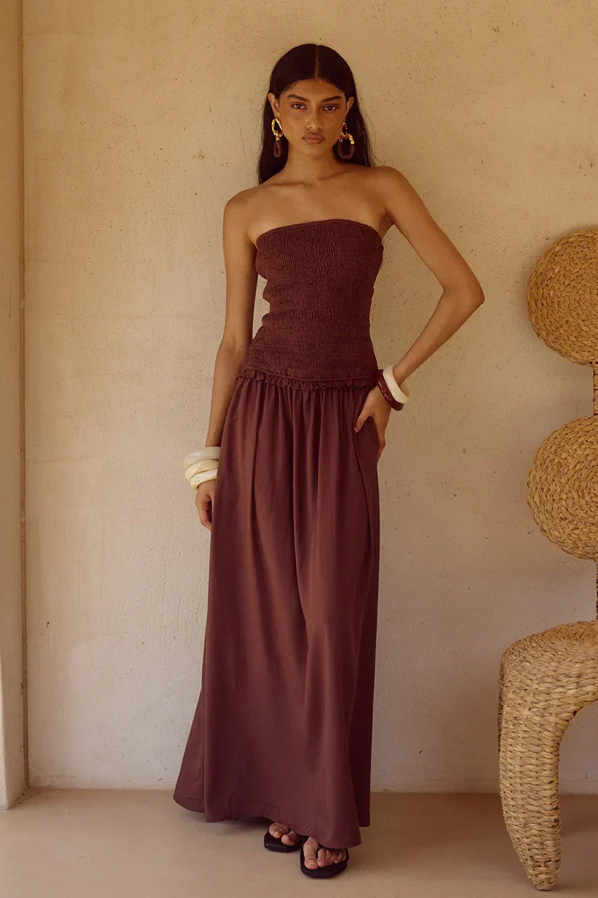 Strapless Shirred Bodice Drop Waist Maxi Dress