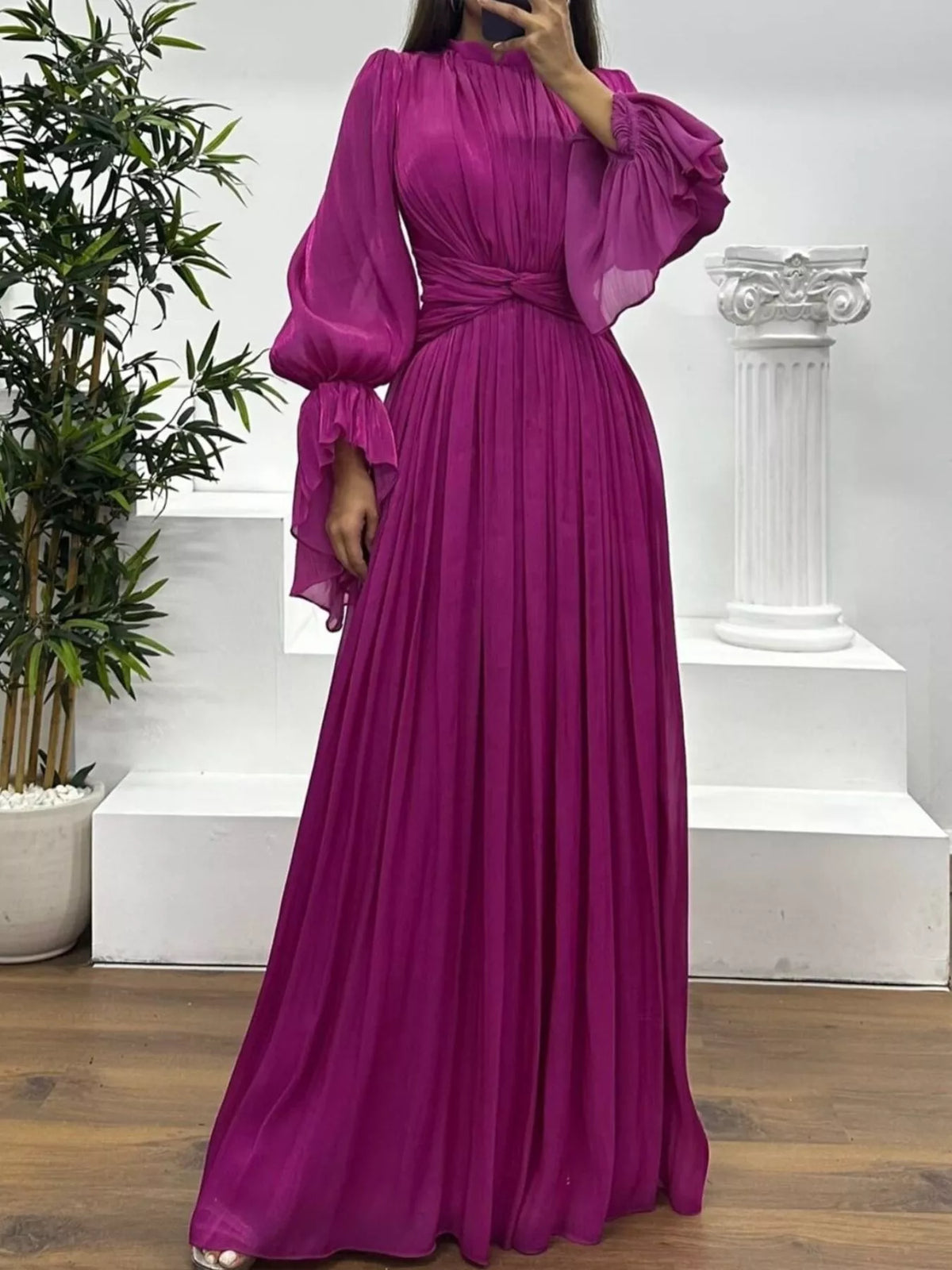 Pleated Satin Mock Neck Flared Bell Sleeve Twist Waist Maxi Gown 16