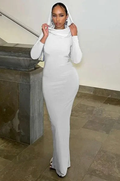 Cowl Neck Hooded Long Sleeve Bodycon Maxi Dress