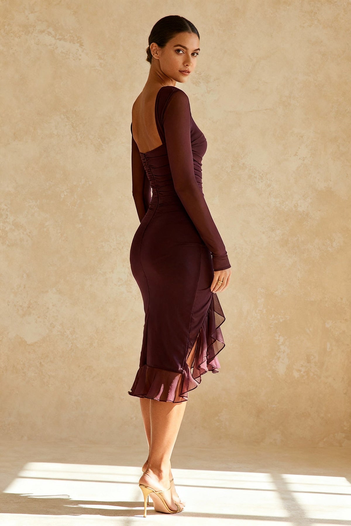 Sheer Mesh Long Sleeve Boat Neck Ruched Asymmetric Ruffle Hem Midi Dress 3