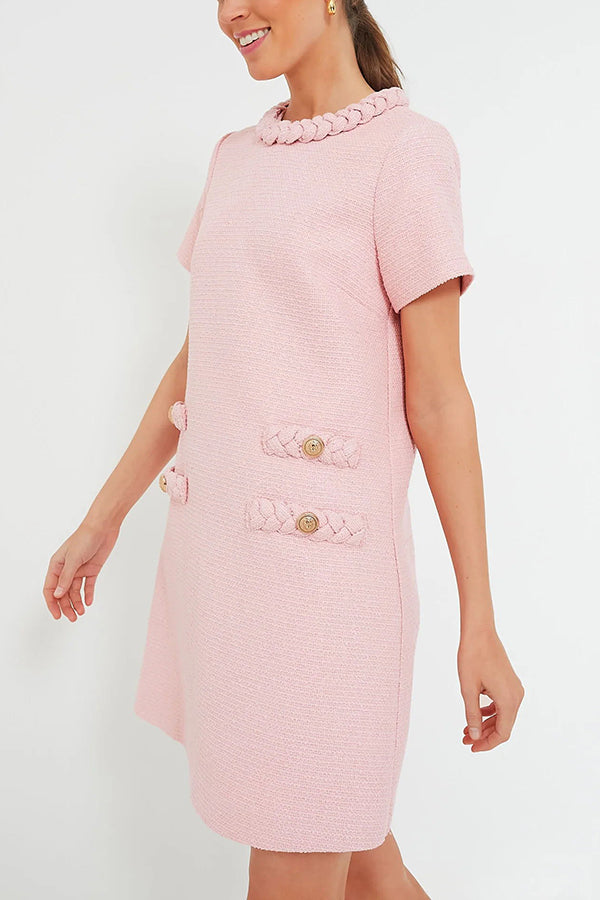 Tweed Braided Trim Faux Pocket Metallic Button Short Sleeve Shift Mini Dress