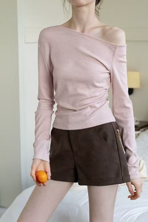 One Shoulder Asymmetric Ribbed Long Sleeve Top