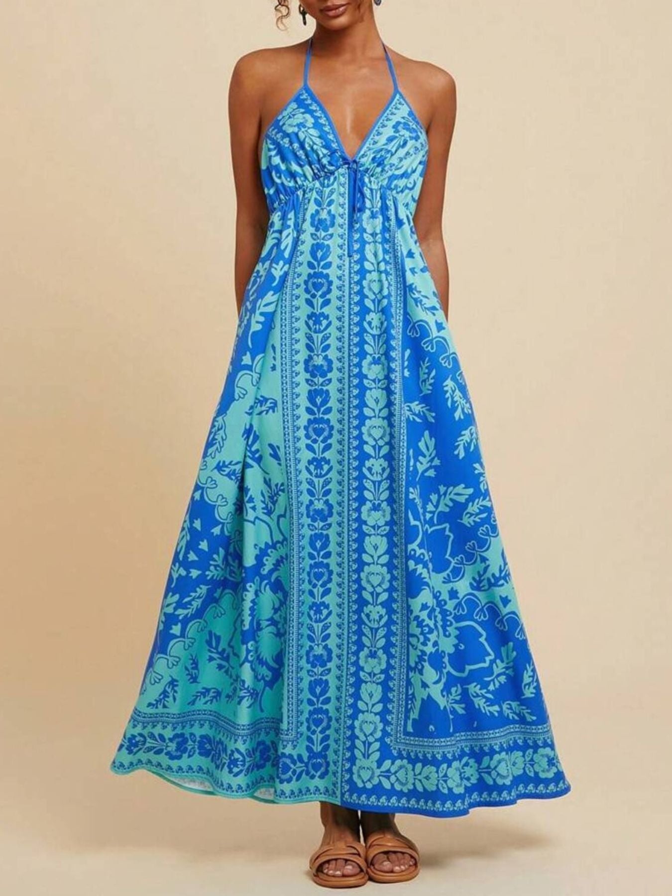 Bohemian Floral Print Halter Maxi Dress Blue