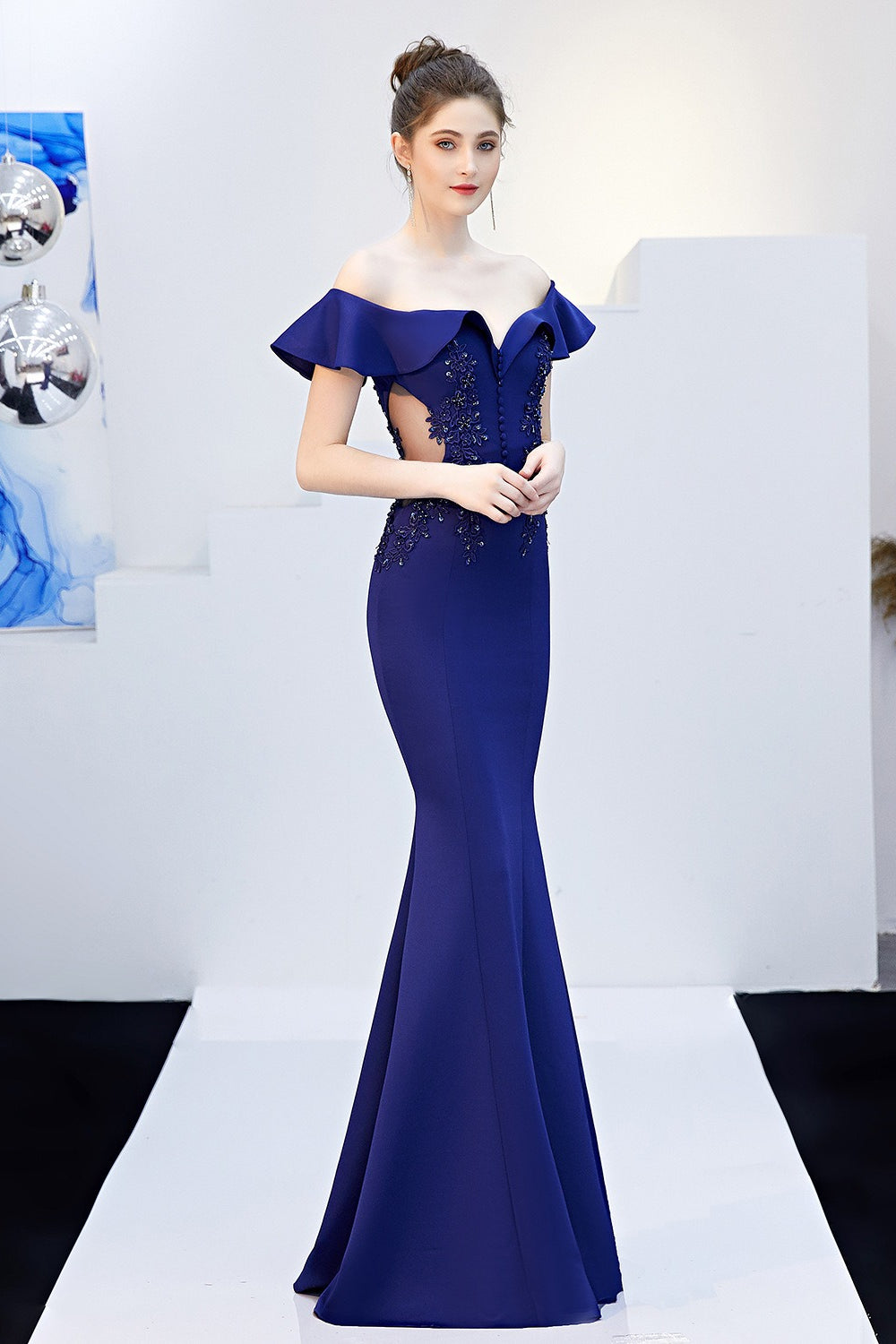 Off Shoulder Ruffle Beaded Mermaid Formal Gown