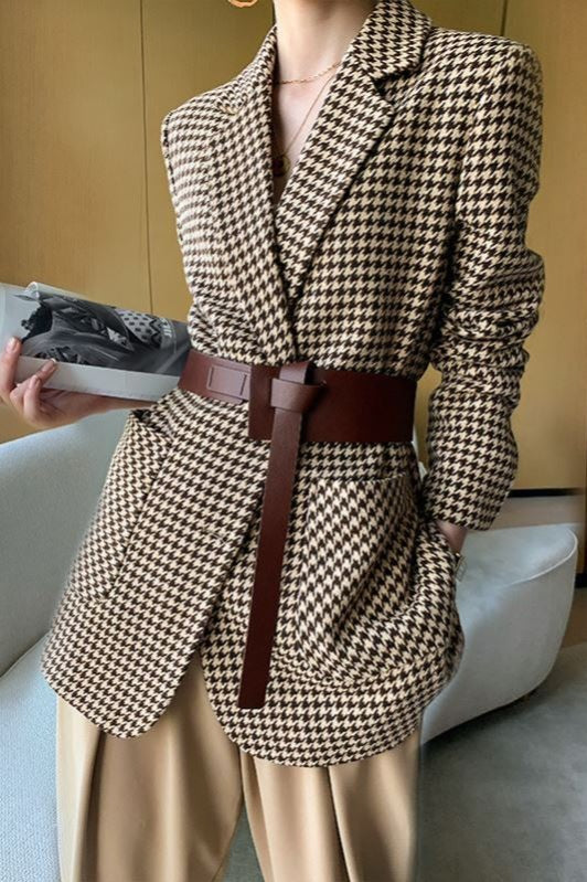 Houndstooth Notch Lapel Belted Waist Longline Blazer