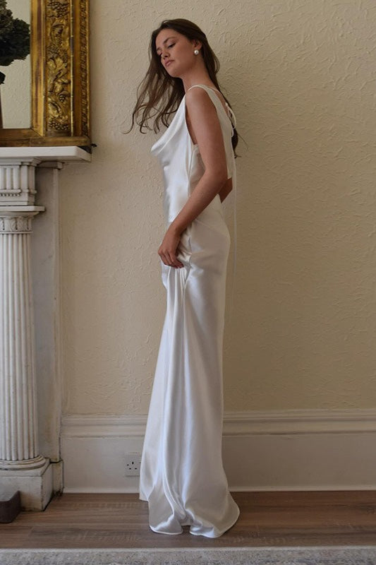 Satin Off Shoulder Cowl Draped Slim Fit Maxi Dress