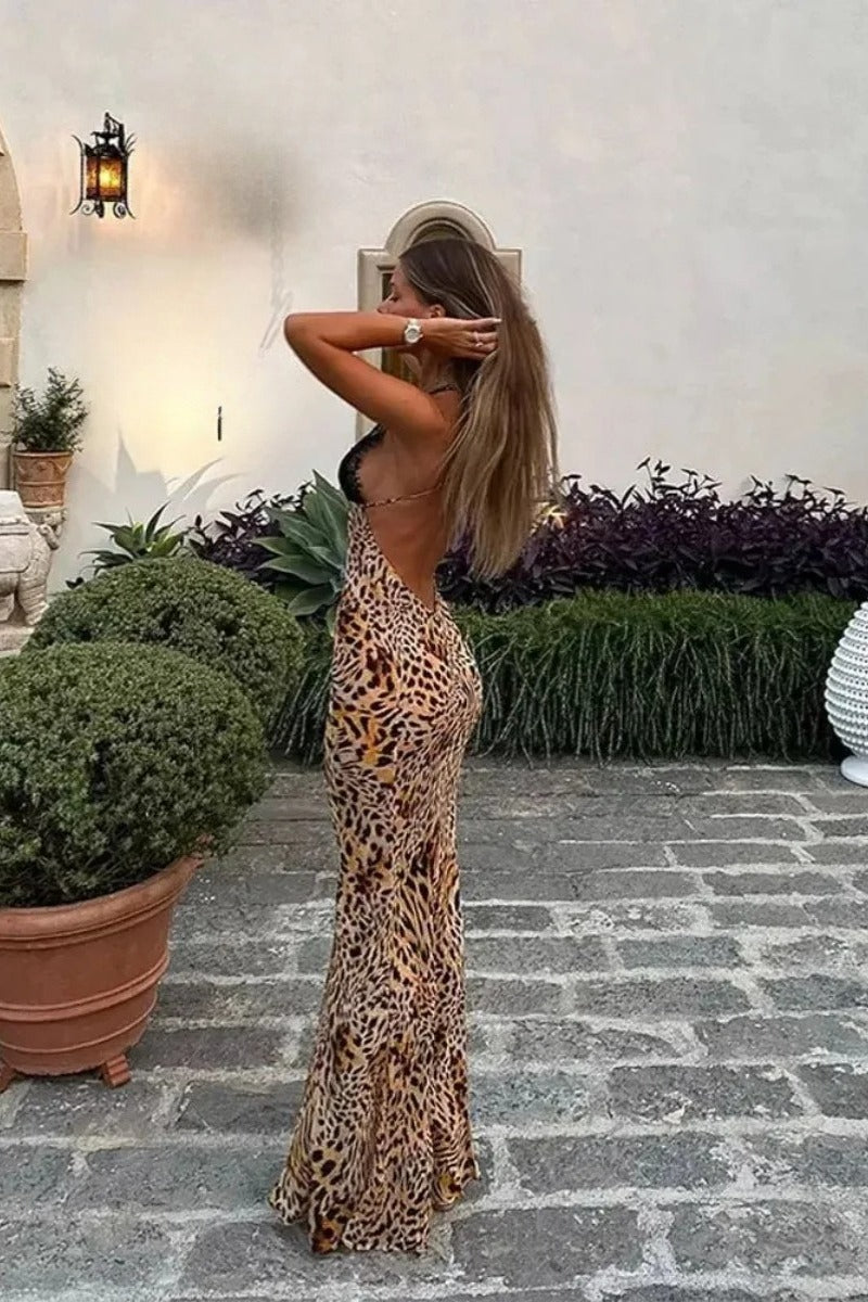 Leopard Print Lace Trimmed Maxi Dress in Leopard Print - View 4