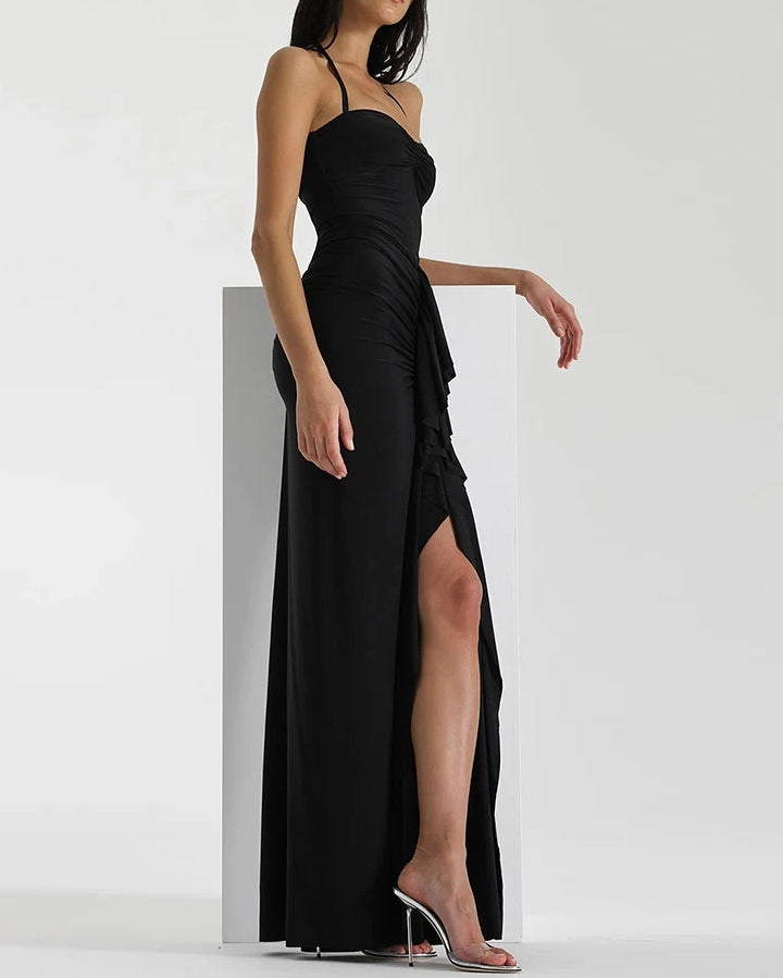 Ruched Bandage Split Halter Maxi Dress - View 4