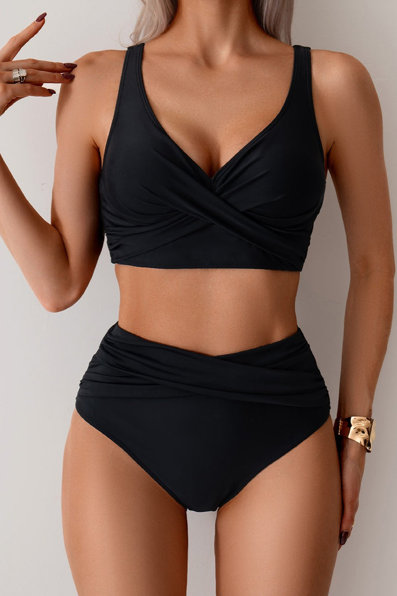 Twist Front V-Neck Ruched High Waist Bikini Set 3