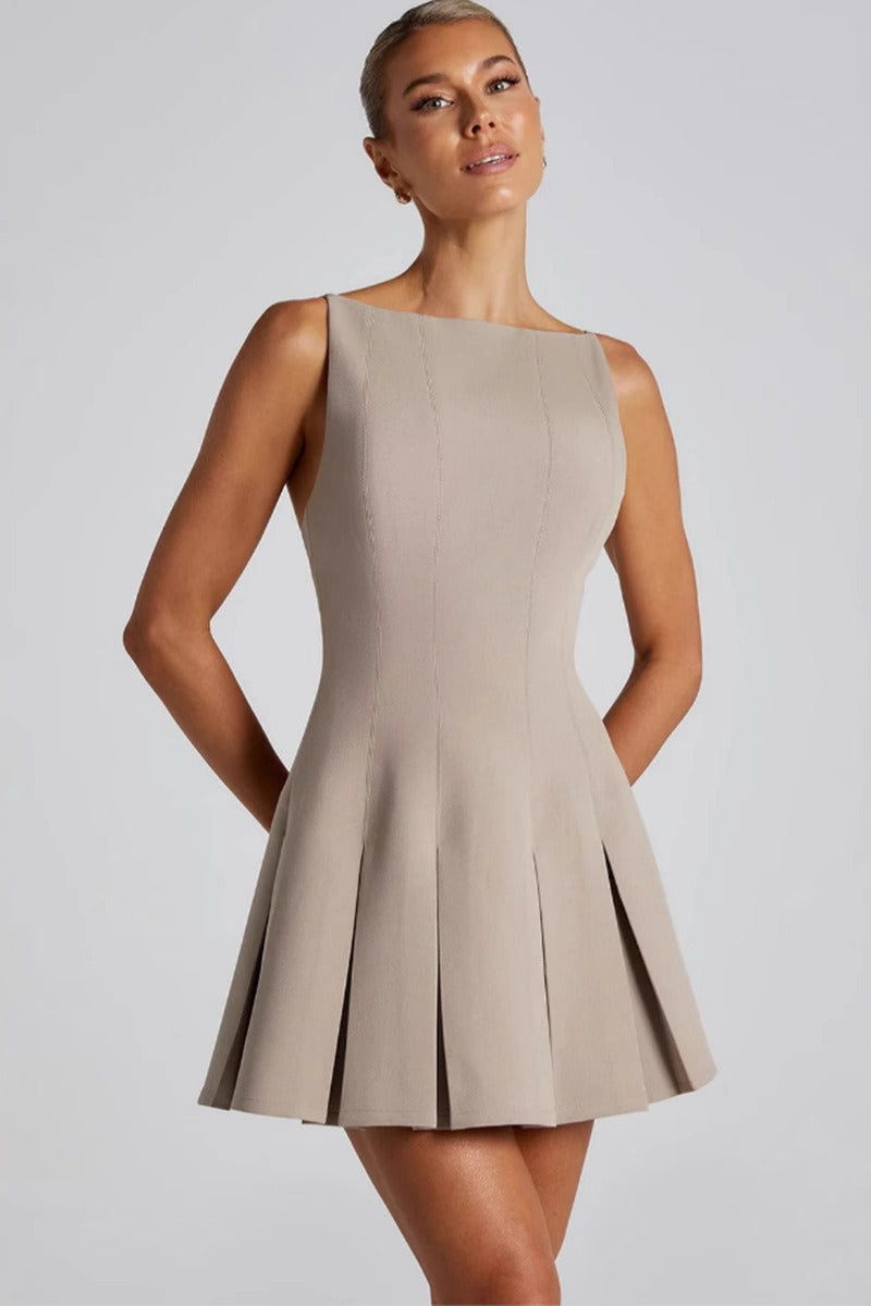 Boat Neck Sleeveless Box Pleat Structured Fit and Flare Mini Cocktail Dress
