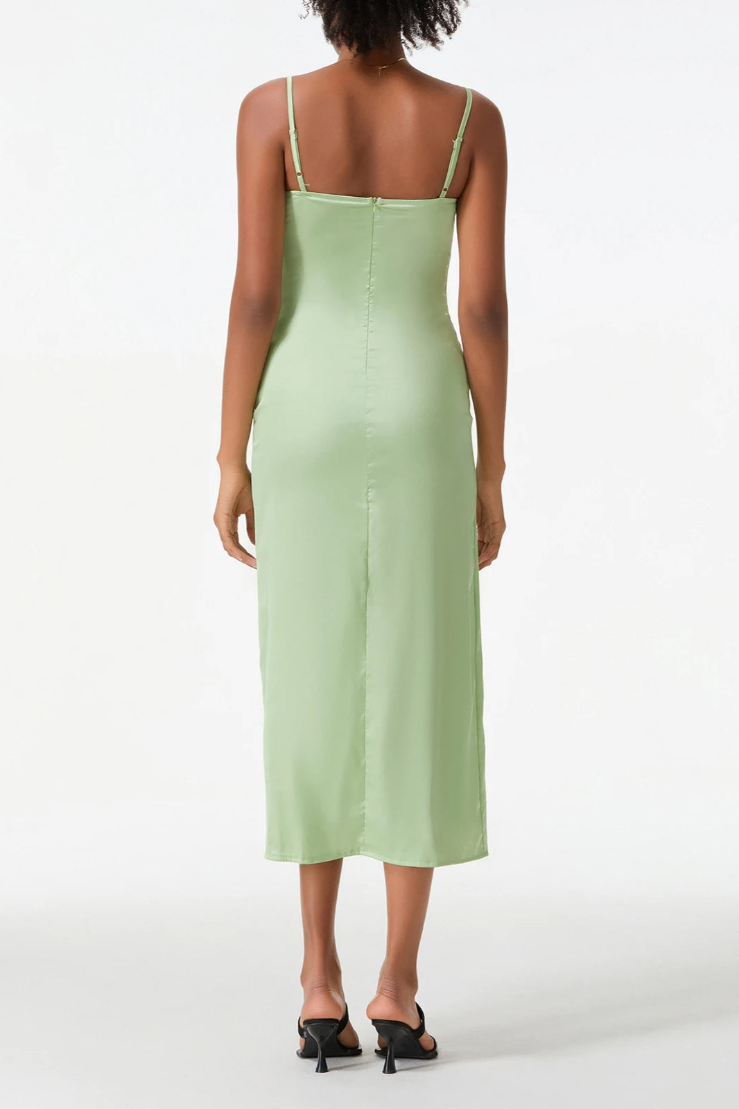 Satin Sweetheart Spaghetti Strap Floral Embroidery Bodycon Midi Dress
