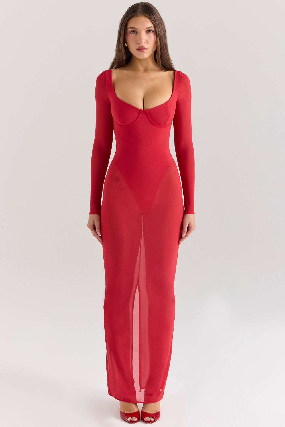 Sheer Mesh Square Neck Long Sleeve Bodysuit Lined Maxi Dress