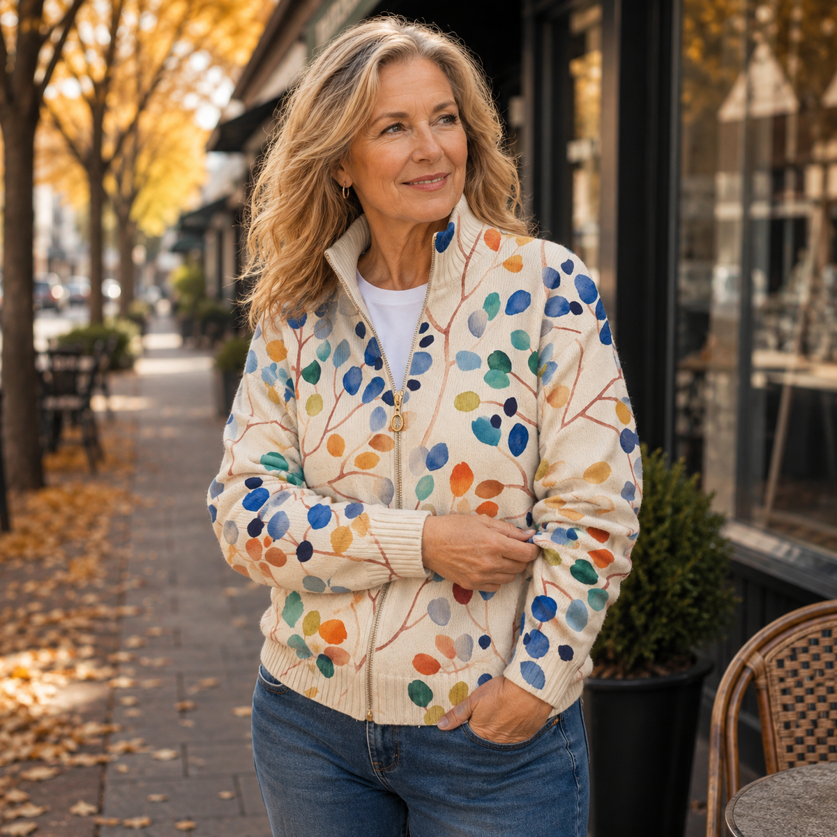 Botanical Leaf Print Zip Front Knit Cardigan