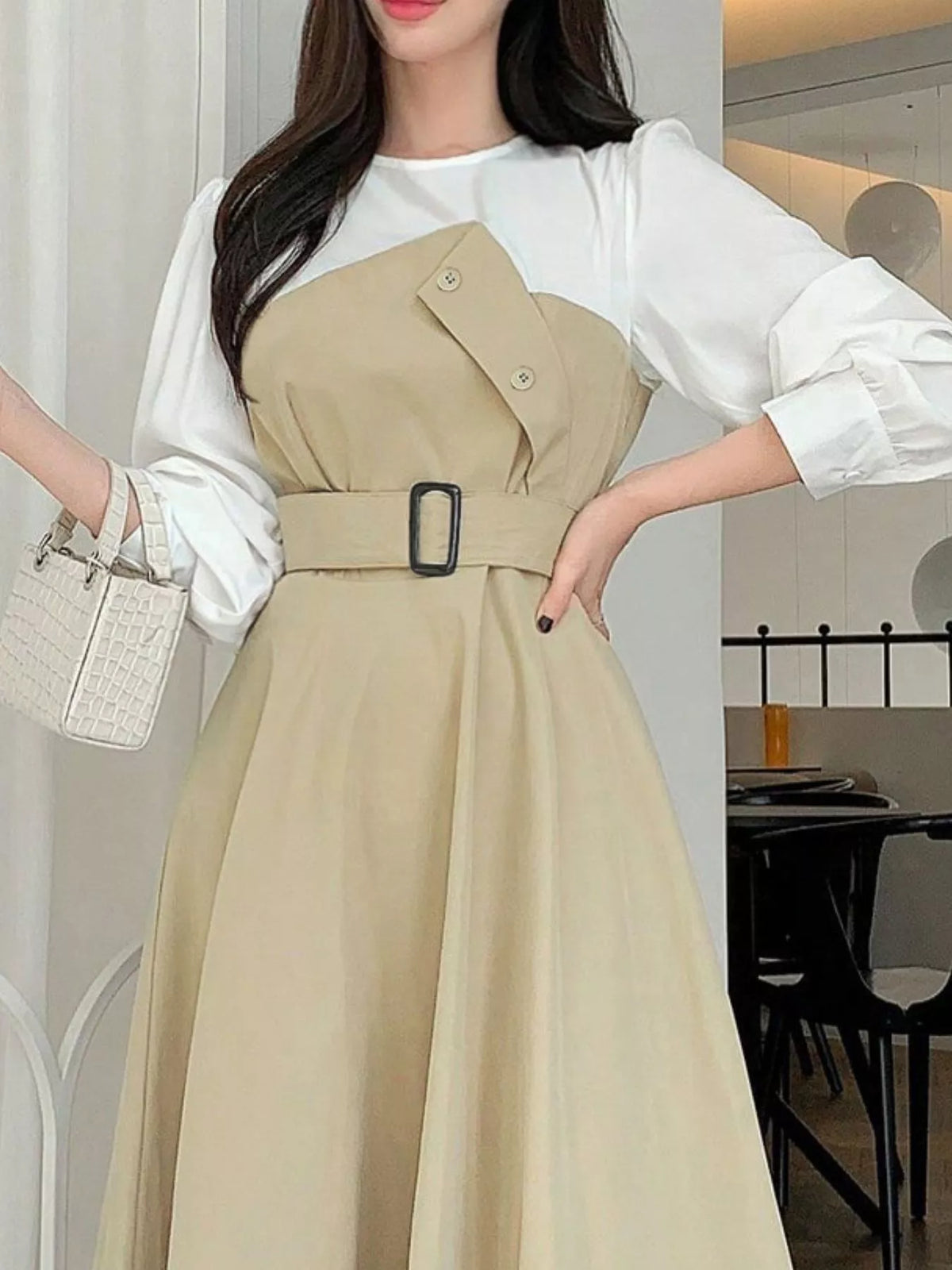 Contrast Long Sleeve Asymmetric Button Bodice Belted A-Line Midi Dress 4