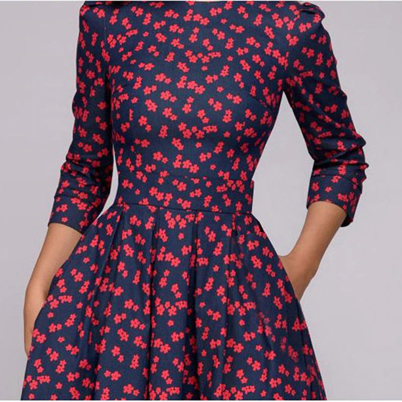 Floral Print Round Neck Three Quarter Sleeve Pocket Fit and Flare Tea Midi Dress